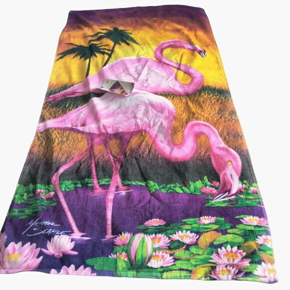 Michael Searle Beach Towel Pink Flamingo Sunset Cotton Velour  30 x 60 Inch - Picture 2 of 8